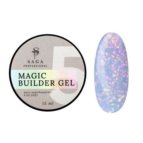 Гель для нарощування Saga Professional Magic Builder Gel 05. бузково-блакитний з кольоровими пластівцями поталі. 15 мл  Гель для нарощування Saga Professional Magic Builder Gel 05. бузково-блакитний з кольоровими пластівцями поталі. 15 мл  фото