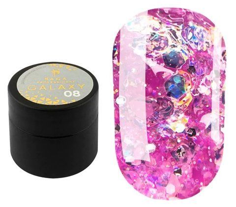 SAGA professional Galaxy glitter 08 (прозорий з голографічними рожевими блискітками), 8 мл SAGA professional Galaxy glitter 08 (прозорий з голографічними рожевими блискітками), 8 мл фото