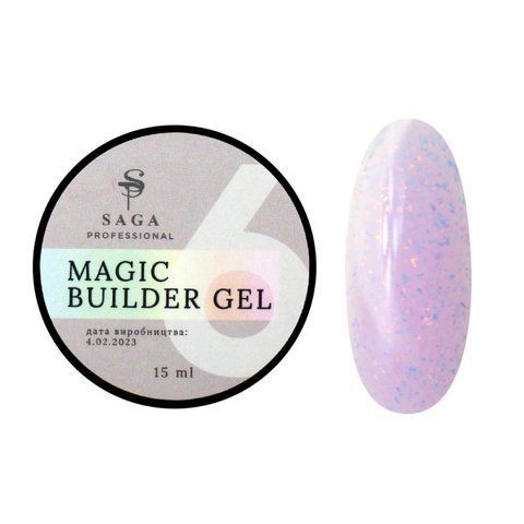 Гель для нарощування Saga Professional Magic Builder Gel 06. бузково-рожевий з пластівцями поталі. 15 мл  Гель для нарощування Saga Professional Magic Builder Gel 06. бузково-рожевий з пластівцями поталі. 15 мл  фото