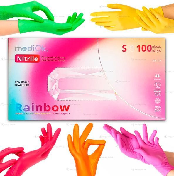 Рукавички нітрилові MediOk RAINBOW (5 кольорів) неопудрені,  S, 100 шт. Mediok Rainbow XS фото