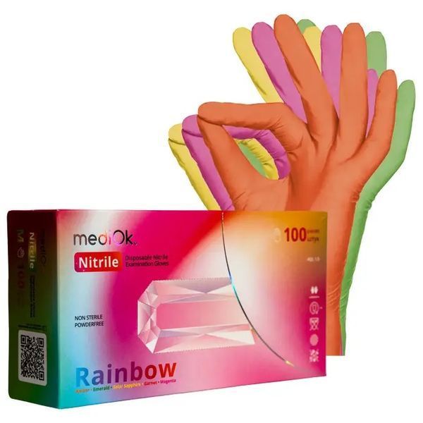 Рукавички нітрилові MediOk RAINBOW (5 кольорів) неопудрені,  S, 100 шт. Mediok Rainbow XS фото