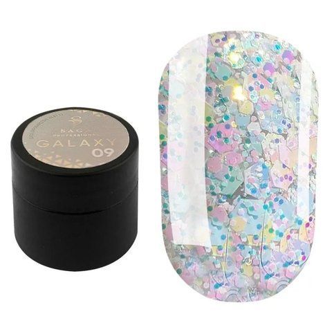 SAGA professional Galaxy glitter 09 (прозорий з голографічними молочними блискітками), 8 мл SAGA professional Galaxy glitter 09 (прозорий з голографічними молочними блискітками), 8 мл фото