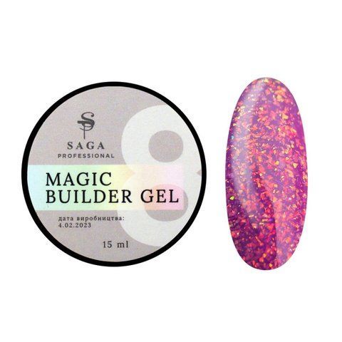 Гель для нарощування Saga Professional Magic Builder Gel 08. фуксія з кольоровими пластівцями поталі. 15 мл  Гель для нарощування Saga Professional Magic Builder Gel 08. фуксія з кольоровими пластівцями поталі. 15 мл  фото