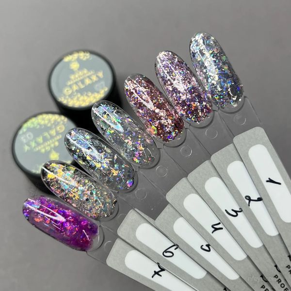 SAGA professional Galaxy glitter 04 (прозорий з голографічними півмісяцями, зірками та шестигранниками), 8 мл Saga professional Гель для дизайну GALAXY glitter 8мл №04 (баночка) фото