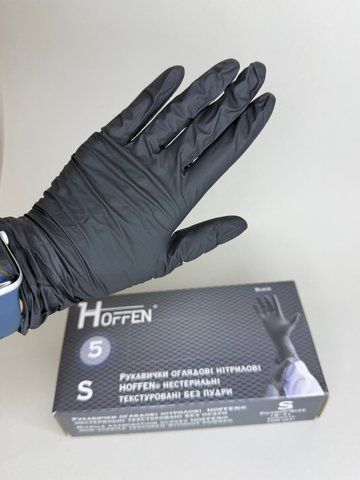 Рукавички нітрилові Hoffen Black (S) щільність 5.0 г чорні в упаковці 50 пар Рукавички нітрилові Hoffen Black (S) щільність 5.0 г чорні в упаковці 50 пар фото