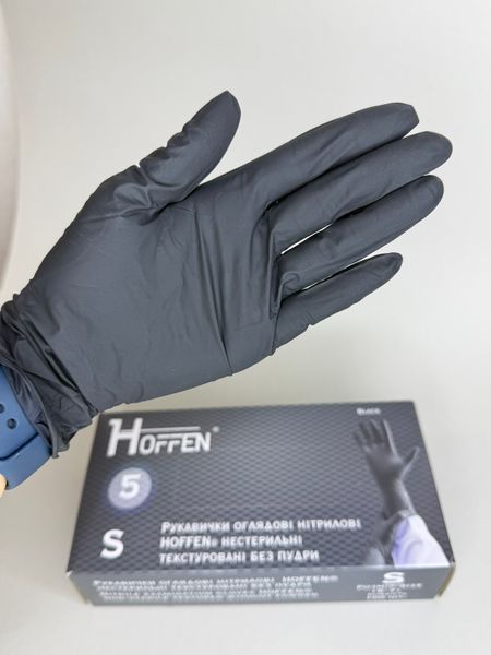 Перчатки нитриловые Hoffen Black (S) плотность 5.0 г черные в упаковке 50 пар Рукавички нітрилові Hoffen Black (S) щільність 5.0 г чорні в упаковці 50 пар фото