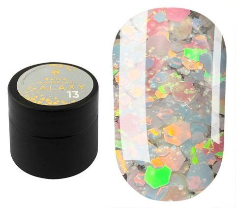 SAGA professional Galaxy glitter 13 (прозорий з голографічними кораловими і салатовими блискітками), 8 мл SAGA professional Galaxy glitter 13 (прозорий з голографічними кораловими і салатовими блискітками), 8 мл фото