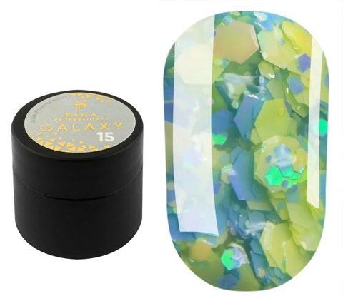 SAGA professional Galaxy glitter 15, (прозорий з блакитними та салатовими голографічними блискітками), 8 мл SAGA professional Galaxy glitter 15, (прозорий з блакитними та салатовими голографічними блискітками), 8 мл фото